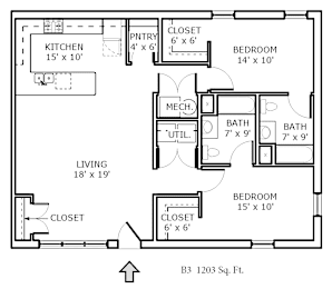 2D floor plan of a 2-bedroom apartment at Backwater Cove.