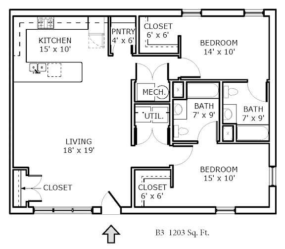 2D floor plan of a 2-bedroom apartment at Backwater Cove.