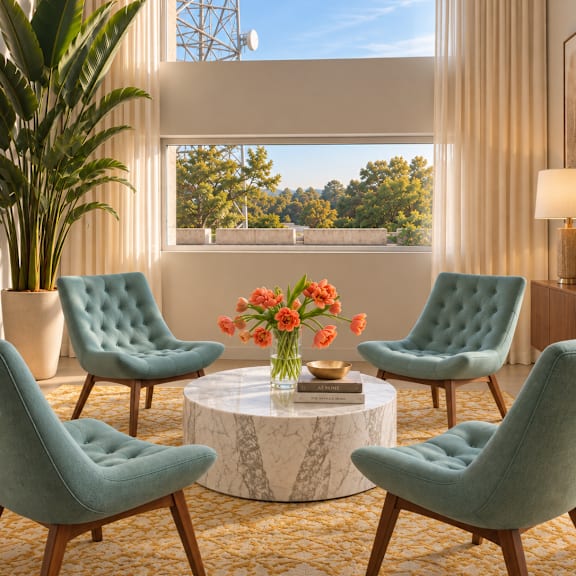 A living room with a view of a tree-covered hill and a cell tower.