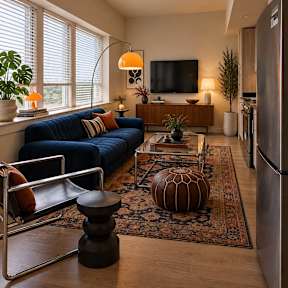 A modern living room with a blue sofa and a television.