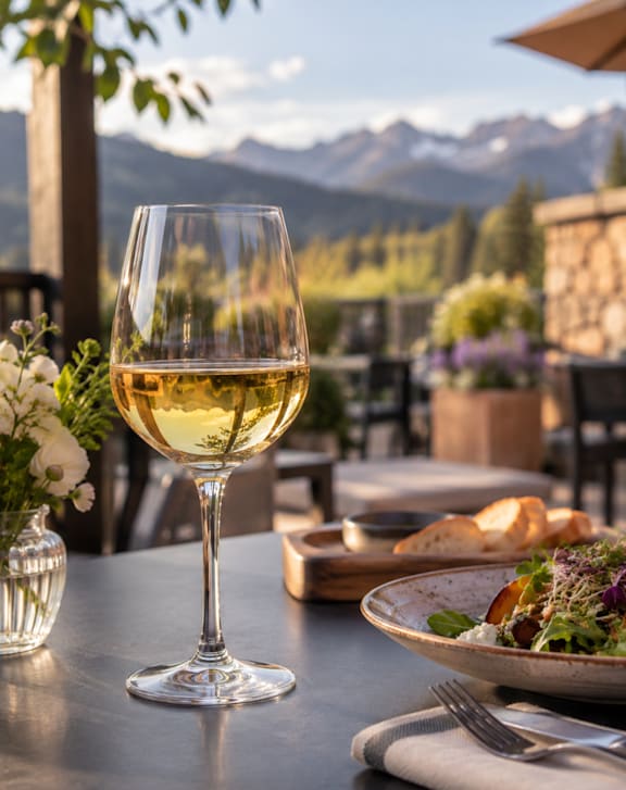A glass of white wine sits on a table with a plate of food and a view of the mountains.