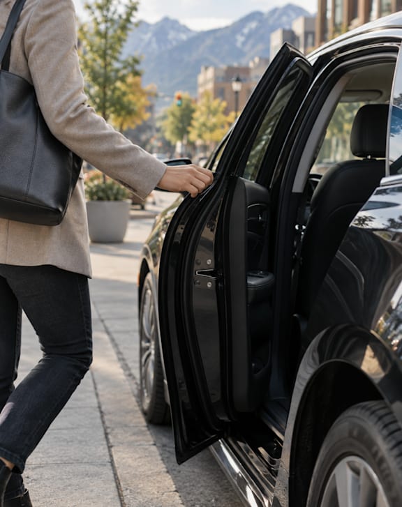 A woman is getting into a black car.