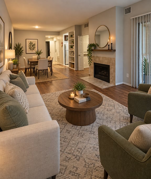 a living room with a couch and a coffee table and a fireplace at Augusta Court Apartments, Houston, Texas