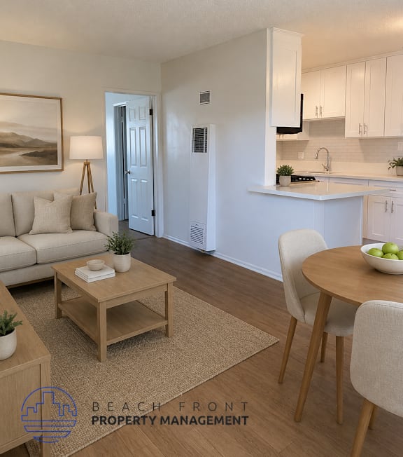 A living room with a couch, a coffee table, and a dining table with chairs.