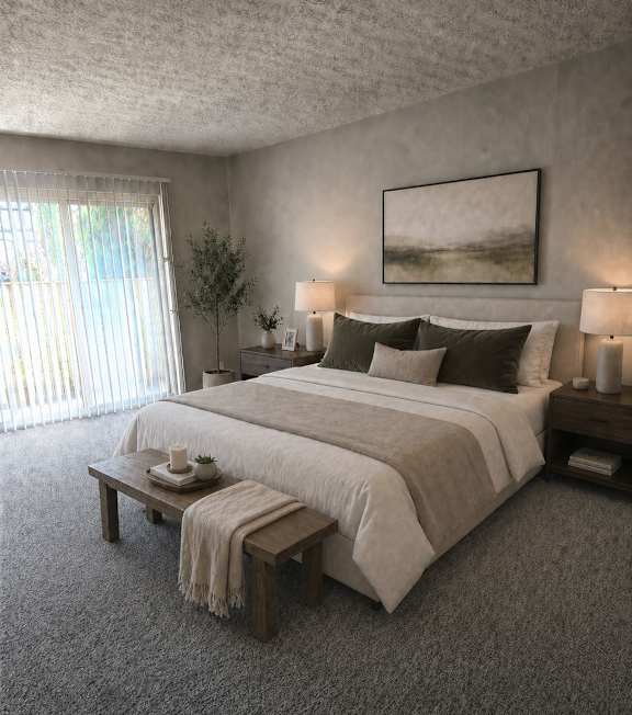 A bedroom with a large bed and a painting on the wall.