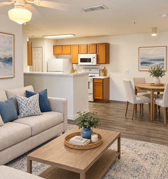 A living room with a couch, coffee table, and a kitchen area in the background.