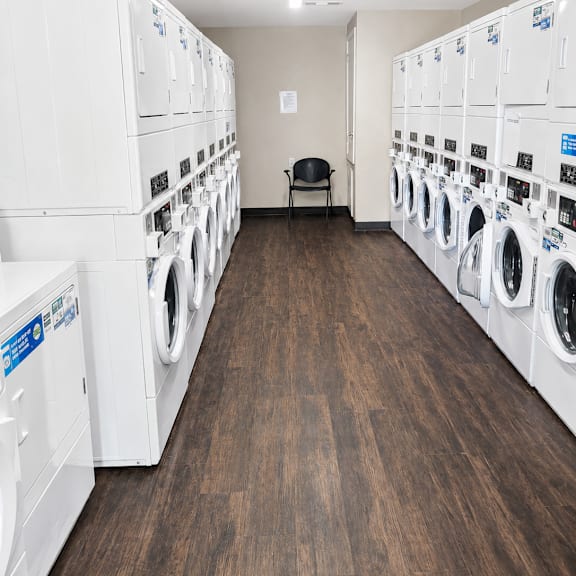 A laundromat with rows of washers and dryers.