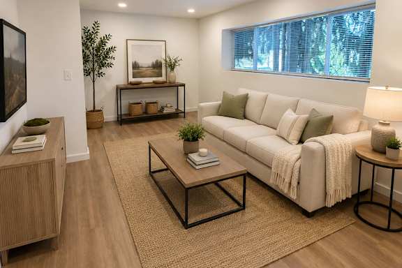 A modern living room with a white sofa, wooden coffee table, and a large window.