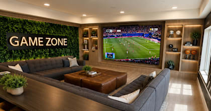 A modern bar area with a green wall and a television screen showing a football game.