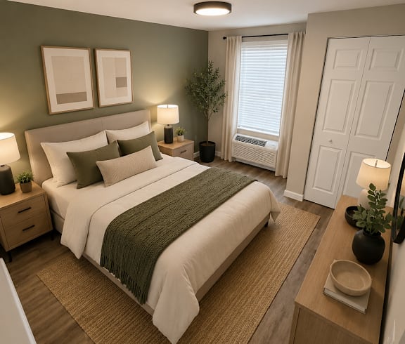 A bedroom with a large bed and a window with white curtains.