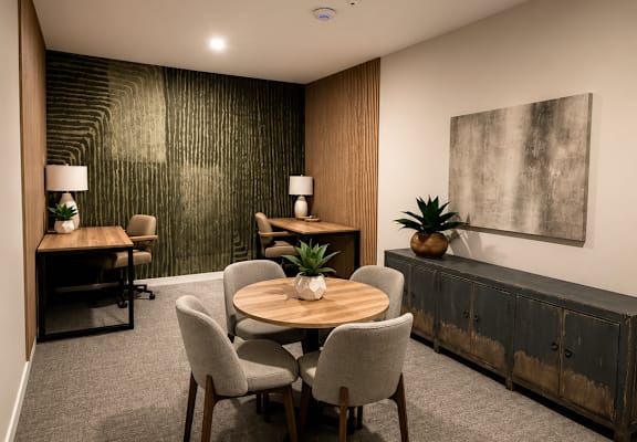A dining room with a round table and chairs.