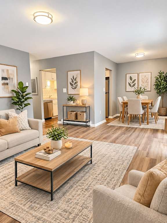 A living room with a couch, coffee table, and dining area.