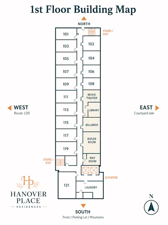 A map of the first floor of the Hanover Place Residences.