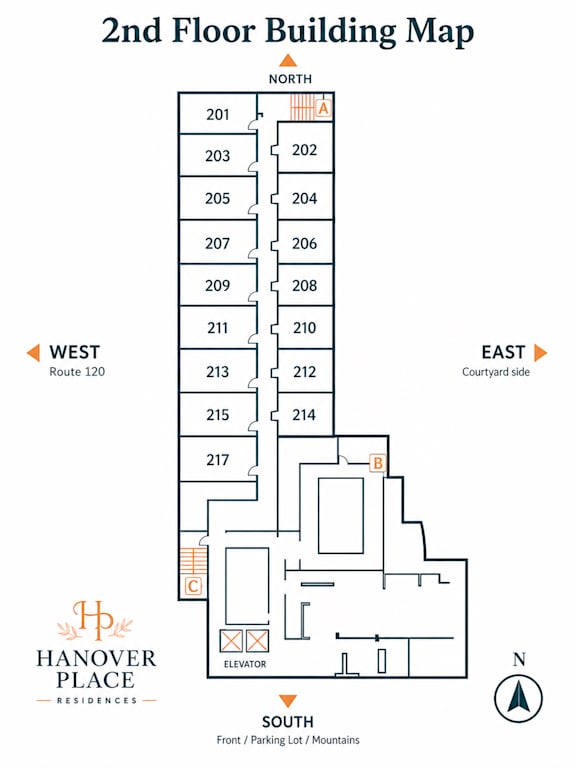 A map of the 2nd Floor Building at Hanover Place Residences.