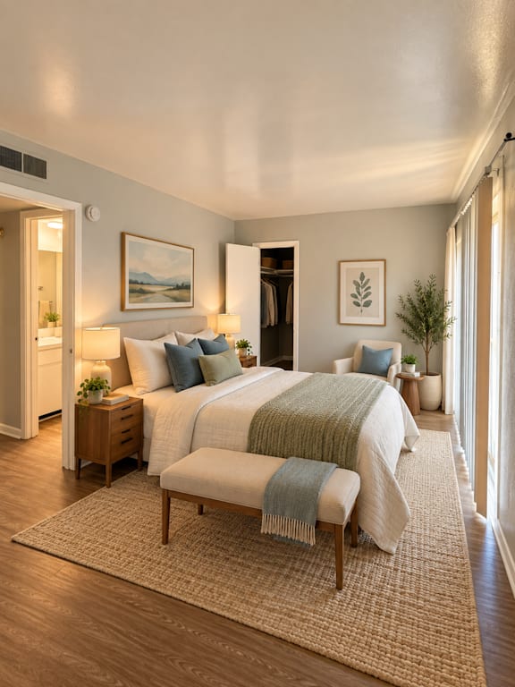A bedroom with a large bed and a bench in front of it at Lifestyle at Shreveport in Shreveport, LA, 71109.