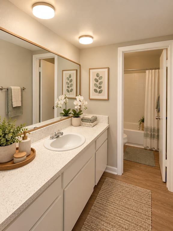 A bathroom with a sink, mirror, and shower at Lifestyle at Shreveport in Shreveport, LA, 71109.