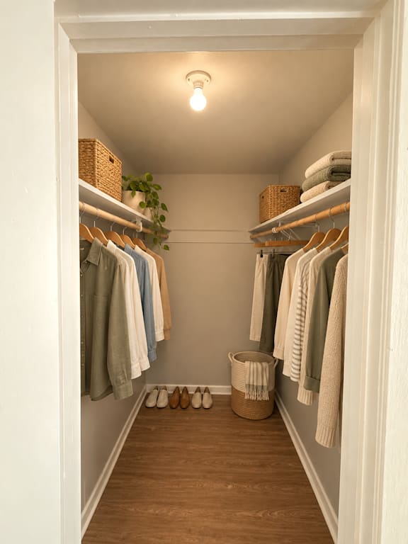 A hallway with clothes hanging on a rack and a basket on the floor at Lifestyle at Shreveport in Shreveport, LA, 71109.
