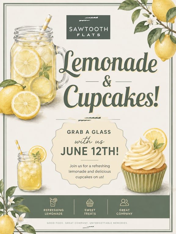 A poster advertises cookies every Thursday at Sawtooth Flats Office.
