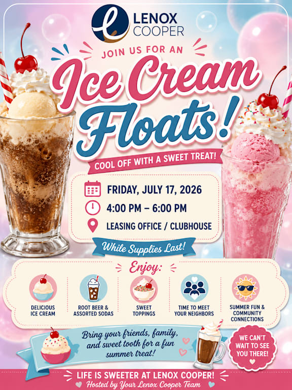 A colorful advertisement for an ice cream float event at Lenox Cooper.