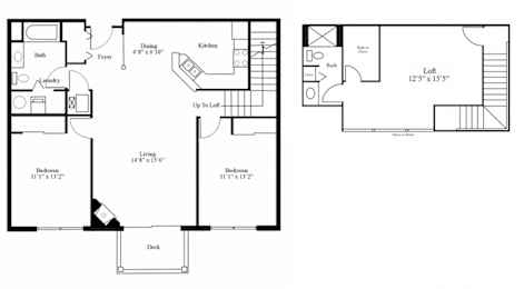 layout of our 2 bed, 2 bath, Baywood with loft floor plan at The Pinnacle at The Club at Brookfield Hills