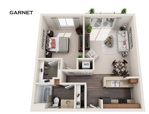 Garnet is a 3D rendered image of a small apartment layout.