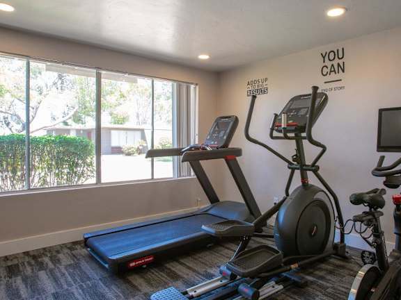 A home gym with a treadmill, stationary bike, and elliptical trainer.
