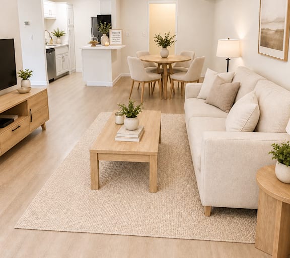 A living room with a couch, a table, and a ceiling fan.