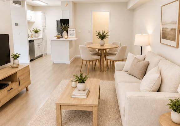 A living room with a white couch, a wooden coffee table, and a ceiling fan.
