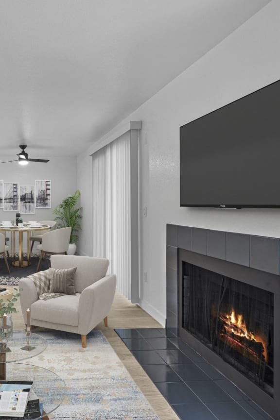 Elevate Apartments in Lynnwood, Washington Model Living Room with Fireplace