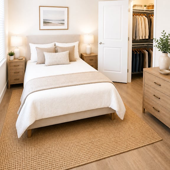 A bedroom with a large bed, a ceiling fan, and a closet with clothes.