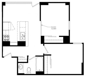 One bedroom plus den, one bathroom apartment layout at Main Square in Toronto, ON