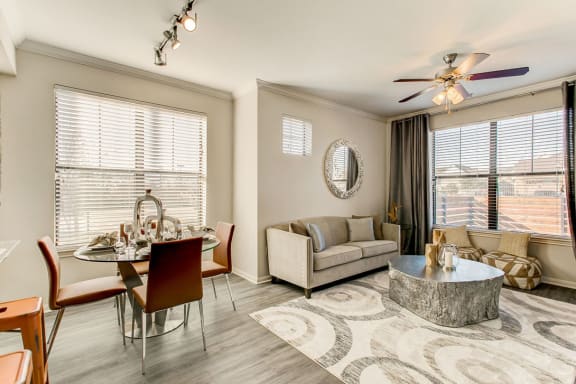a living room with two windows and a ceiling fan