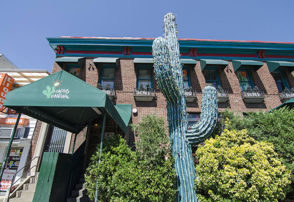 A large metal cactus sculpture in front of a brick building with a green awning  at Idaho Terrace, Washington, DC