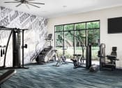Thumbnail 12 of 30 - a home gym with exercise equipment and a large window