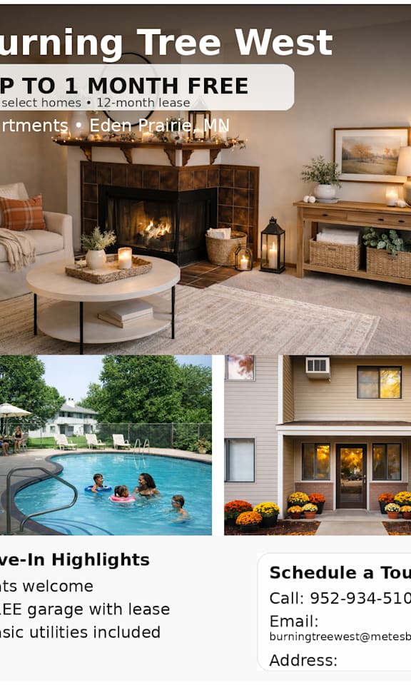 A real estate advertisement for Burning Tree West apartments, offering a free one-month lease on select homes.