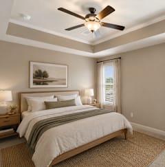 A bedroom with a large bed and a ceiling fan.