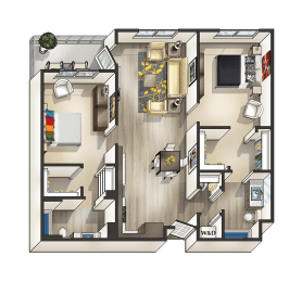 H - 2 Bedroom 2 Bath Floor Plan Layout - 1045 Square Feet at MODE, San Mateo, CA