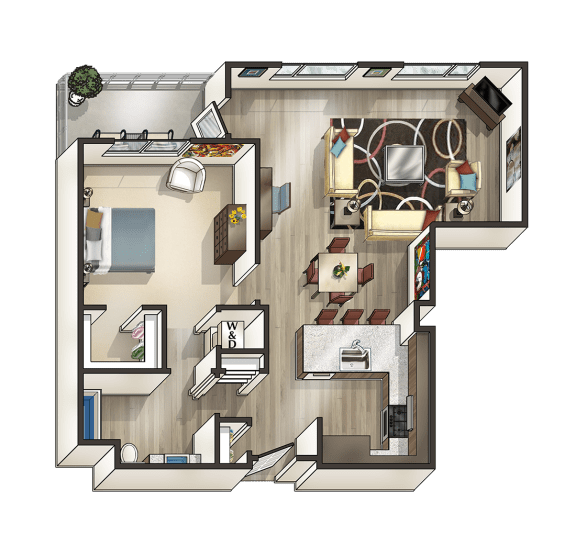 F - 1 Bedroom 1 Bath Floor Plan Layout - 915 Square Feet