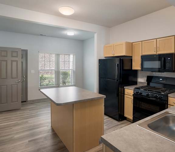 Kitchen with island and black appliances