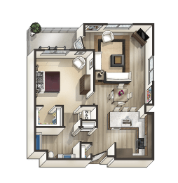 E - 1 Bedroom 1 Bath Floor Plan Layout - 825 Square Feet at MODE, San Mateo, 94403