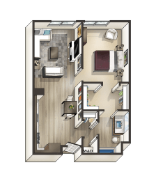 C - 1 Bedroom 1 Bath Floor Plan Layout - 747 Square Feet at MODE, San Mateo, California