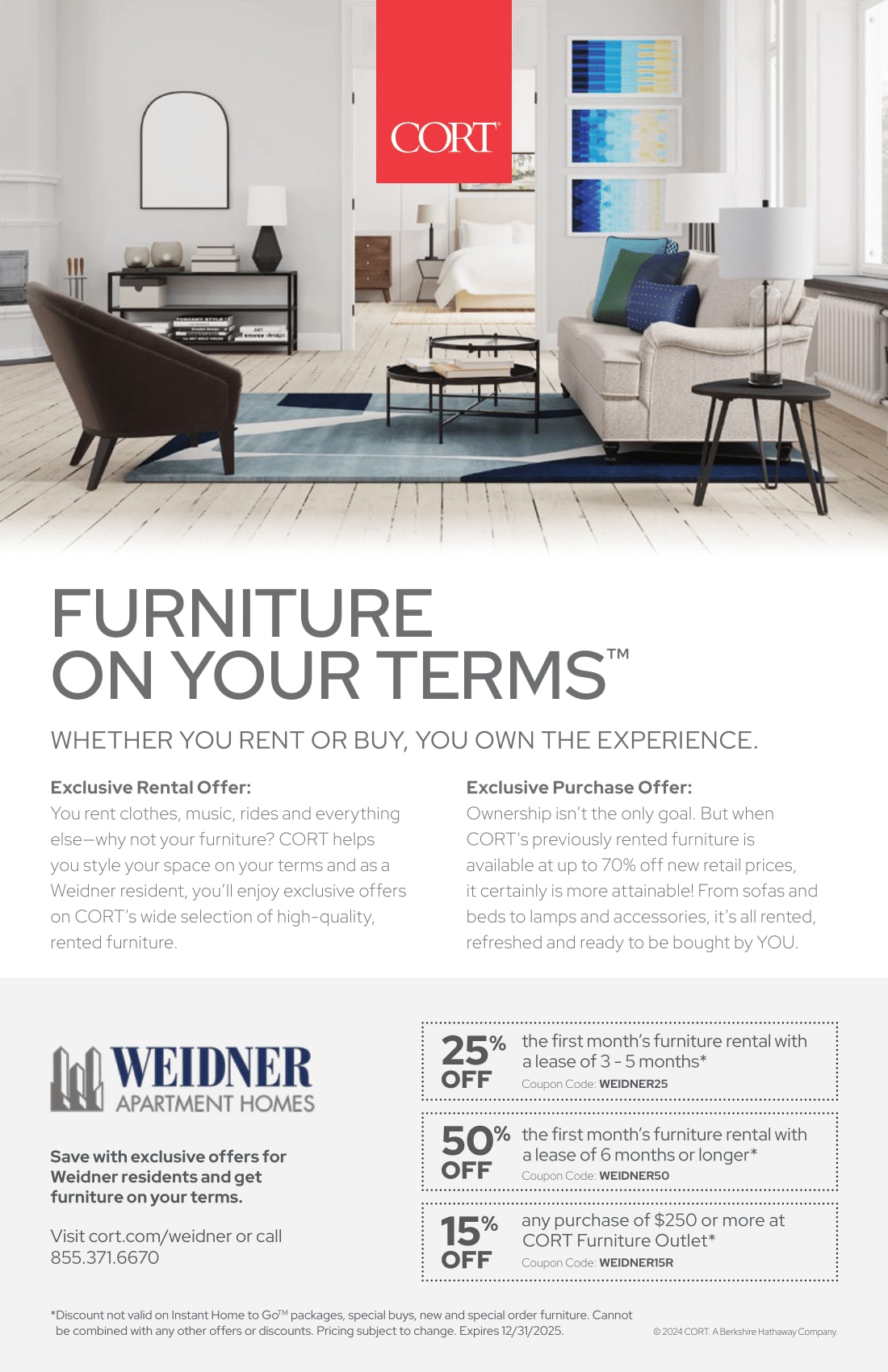CORT furniture rental flyer with exclusive Weidner discount codes for furniture rentals and purchases