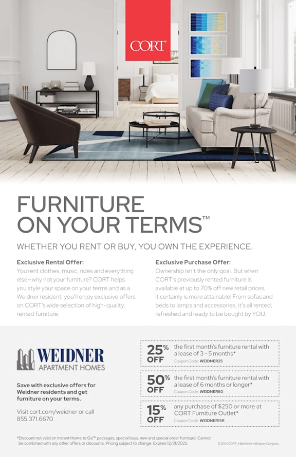 An advertisement for CORTI features a modern living room and information about exclusive offers for furniture rentals and purchases.