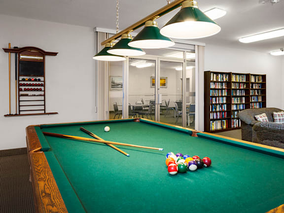 Amenities Room with Pool Table And Library