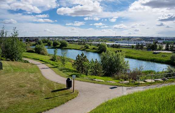 a path leading to a river with a city in the distance
