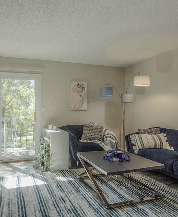 a living room with a couch and a tv and a sliding glass door