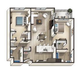 K - 2 Bedroom 2 Bath Floor Plan Layout - 1095 Square Feet at MODE, San Mateo, CA