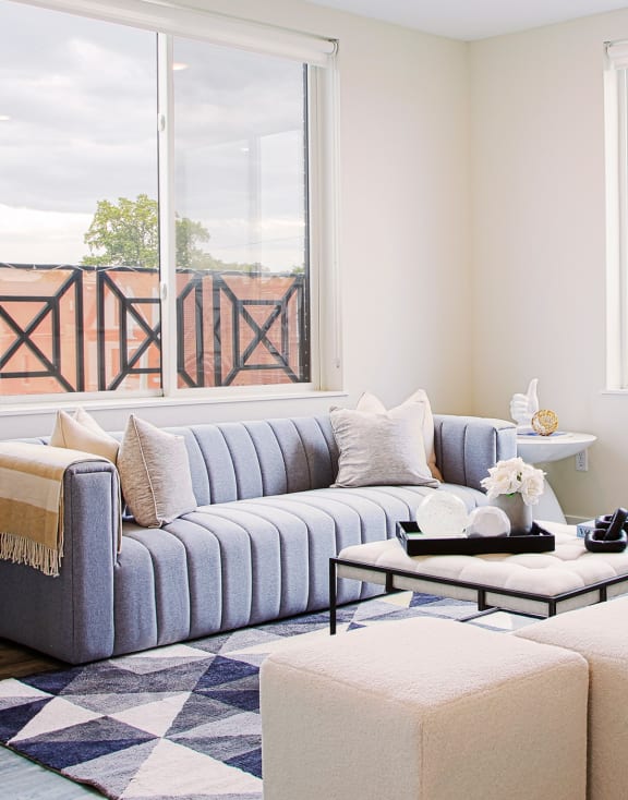 a living room with a blue and white checkered rug and a gray couch