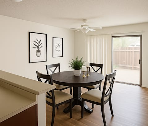 A dining room with a table and chairs.