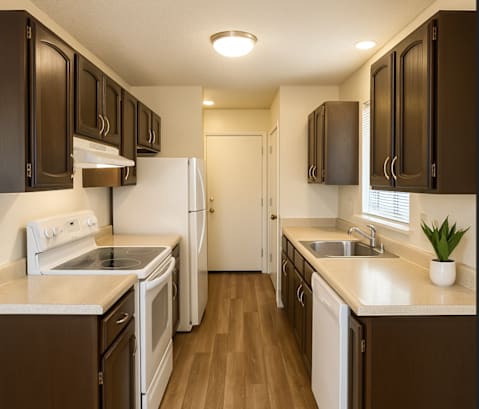 A kitchen with white appliances and brown cabinets.